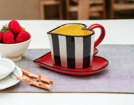 Ceramic Valentines Heart Shaped Striped Cup and Saucer Gift for Her Gift for Mom Gift for Friend or Coworker Tea Party