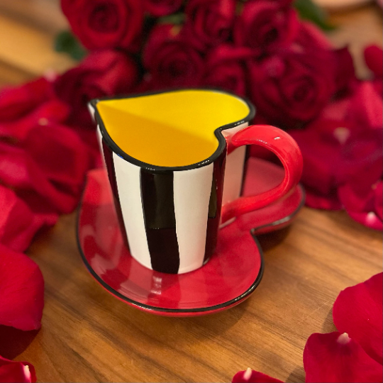 Ceramic Valentines Heart Shaped Striped Cup and Saucer Gift for Her Gift for Mom Gift for Friend or Coworker Tea Party