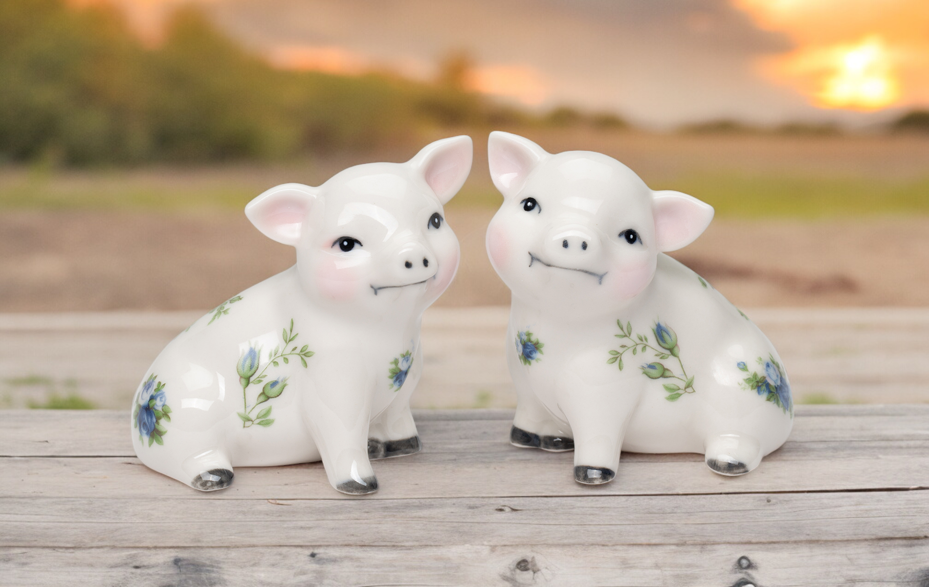 Ceramic Victorian Pig With Blue Rose Pattern Salt And Pepper Shakers Farm Country House Decor Gift for Mom - Salt &