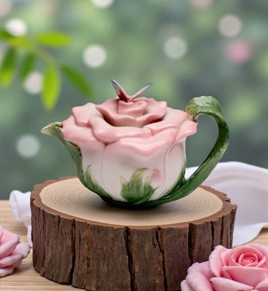 Ceramic Victorian Pink Rose Teapot with Butterfly Gift for Her Gift for Mom Tea Party Décor Café Décor Farmhouse Décor