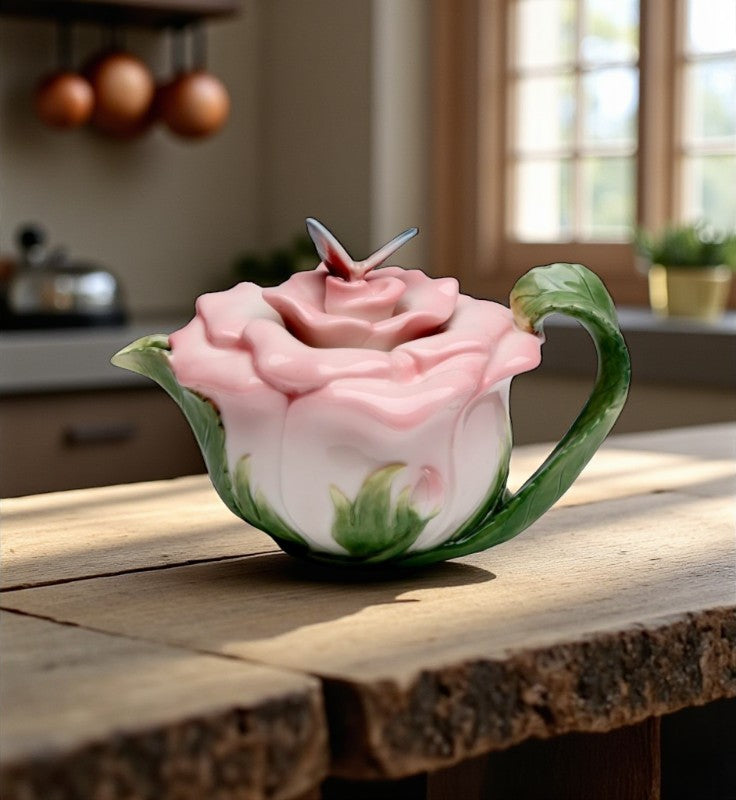 Ceramic Victorian Pink Rose Teapot with Butterfly Gift for Her Gift for Mom Tea Party Décor Café Décor Farmhouse Décor
