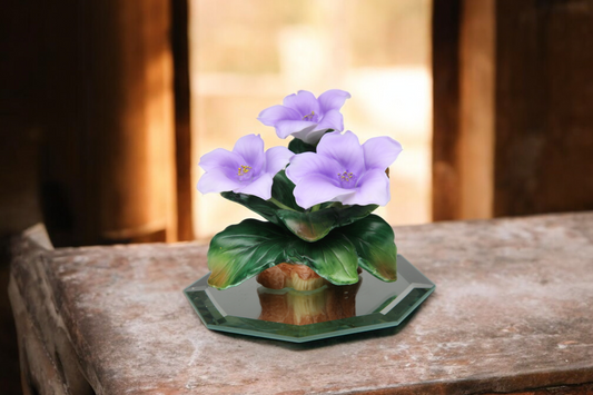 Ceramic Violet Flowers on Glass Base Figurine Gift for Her Gift for Mom Home Decor - Figurine