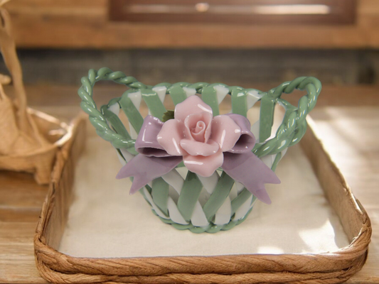 Ceramic Weaved Basket with Pink Rose Flower Gift for Her Gift for Mom Home Decor Vanity Decor - flower