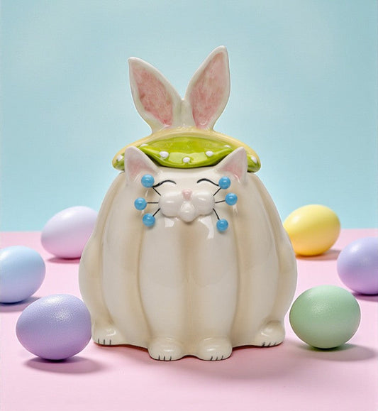 Ceramic Whisker Cat Easter Bunny Rabbit Candy Jar Spring Easter Decor Kitchen Decor Gift for Her - candy jar