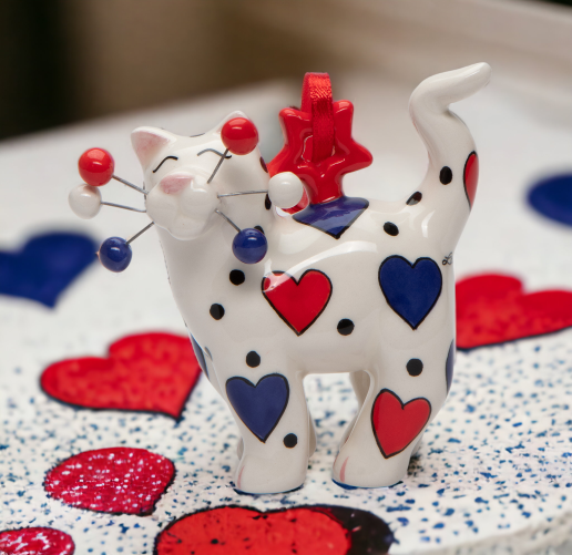 Ceramic Whisker Cat Ornament- Red And Blue Heart Home Décor Gift for Her Gift for Mom Kitchen Décor Cat Lovers Gift Pet