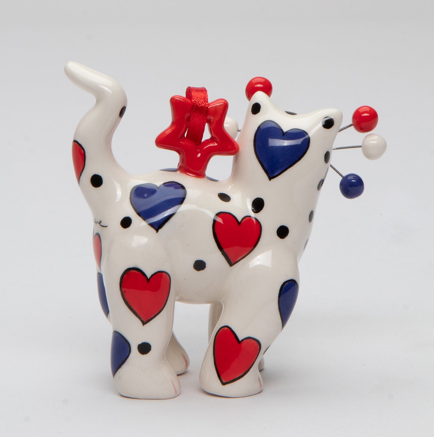Ceramic Whisker Cat Ornament- Red And Blue Heart Home Décor Gift for Her Gift for Mom Kitchen Décor Cat Lovers Gift Pet