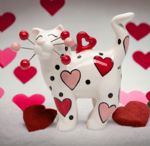 Ceramic Whisker Cat Ornament - Red And Pink Heart Home Décor Gift for Her Gift for Mom Romantic Decor Cat Lovers Gift