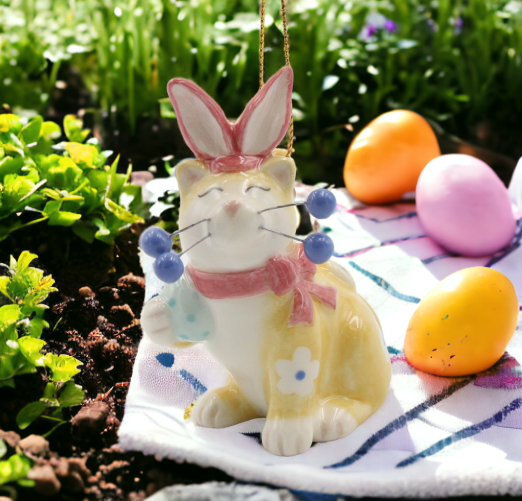 Ceramic Whiskered Cat with Easter Bunny Ears Ornament Gift for Her Mom Kitchen Décor Spring Décor Easter Décor Cat