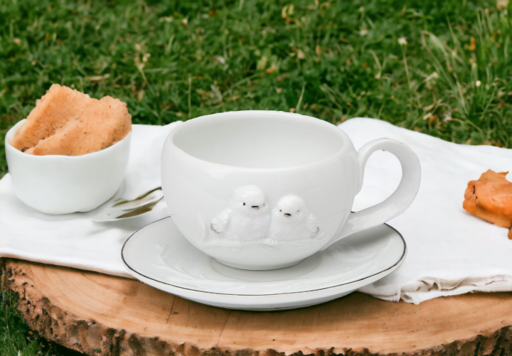 Ceramic White Birds Cup And Saucer Gift for Her Gift for Mom Tea Party Décor Café Décor Farmhouse Kitchen Décor - cup