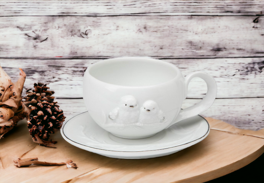 Ceramic White Birds Cup And Saucer Gift for Her Gift for Mom Tea Party Décor Café Décor Farmhouse Kitchen Décor - cup