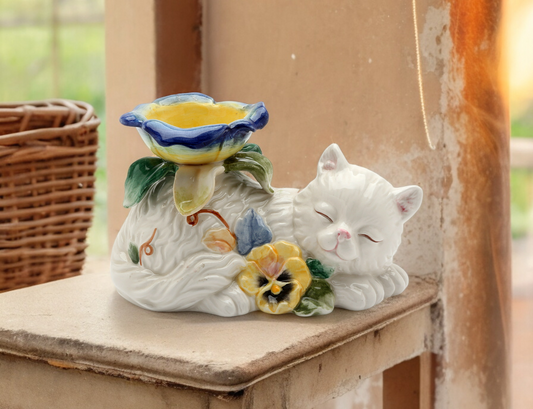 Ceramic White Cat with Pansy Flowers Tealight Candle Holder Cat Lover Gift Gift for Her Gift for Mom - Candle Holders
