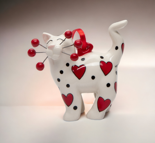 Ceramic White Cat with Red Hearts Ornament Home Décor Gift for Her Mom Cat Lovers Gift Pet Loss Gift Valentines Day
