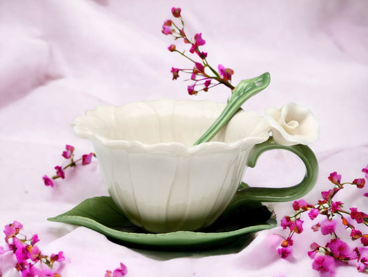 Ceramic White Daisy Flower Cup and Saucer-2 Sets Gift for Her Gift for Mom Gift for Friend or Coworker Tea Party Décor