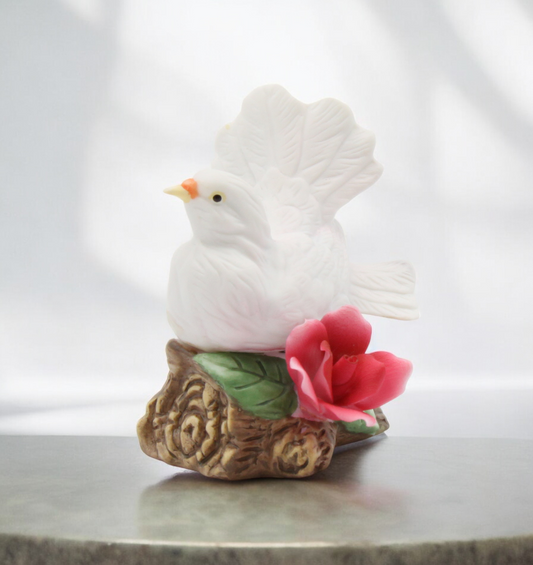 Ceramic White Dove Bird with Red Rose Flower Figurine Garden Decor Vintage Decor Gift for Her Gift for Mom - Figurine