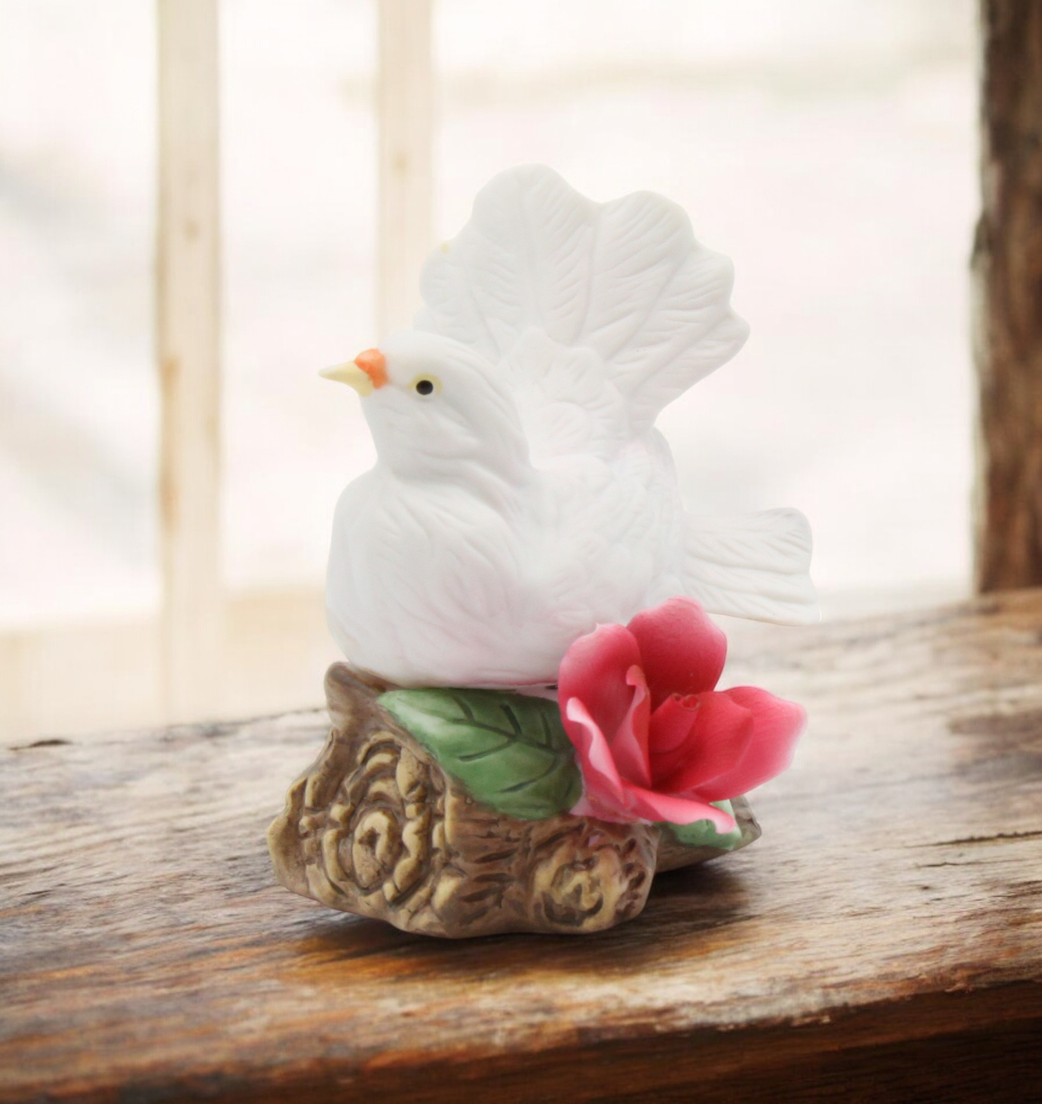 Ceramic White Dove Bird with Red Rose Flower Figurine Garden Decor Vintage Decor Gift for Her Gift for Mom - Figurine