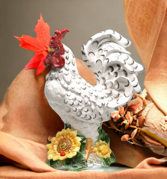 Ceramic White Large Rooster with Sunflower Statue Home Décor Gift for Her Gift for Mom Kitchen Décor Farmhouse Décor