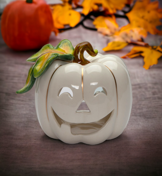 Ceramic White Pumpkin Jack-O-Lantern Tealight Candle Holder Home Décor Gift for Her Gift for Mom Fall Décor Halloween
