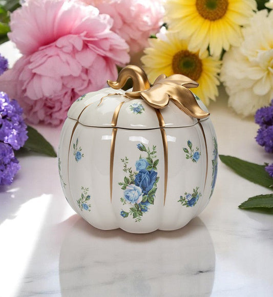 Ceramic White Pumpkin Jar with Blue Roses Spring Decor Kitchen Decor Gift for Mom - jar
