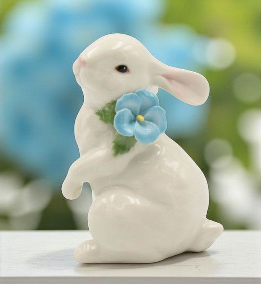 Ceramic White Rabbit with Blue Pansy Flower Figurine Home Décor Gift for Her Gift for Mom Kitchen Décor Spring Décor