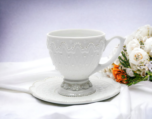 Ceramic White Rose Cup and Saucer Wedding Décor or Gift Anniversary Décor or Gift Home Décor - cup and saucer