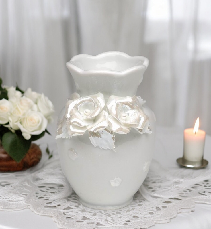 Ceramic White Vase with Rose Flowers Wedding Decor Gift for Her Gift for Mom Home Decor - vase