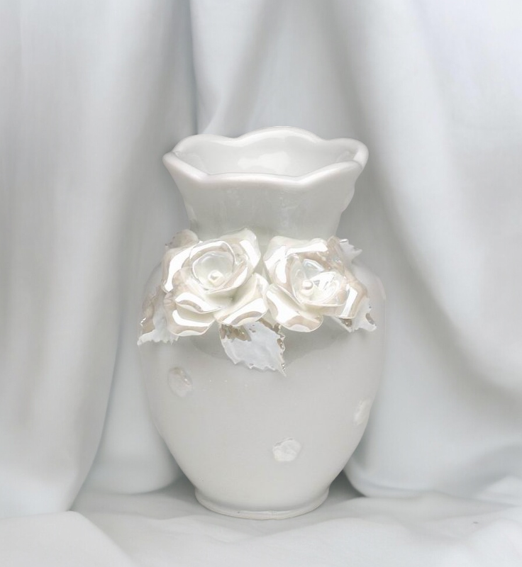 Ceramic White Vase with Rose Flowers Wedding Decor Gift for Her Gift for Mom Home Decor - vase