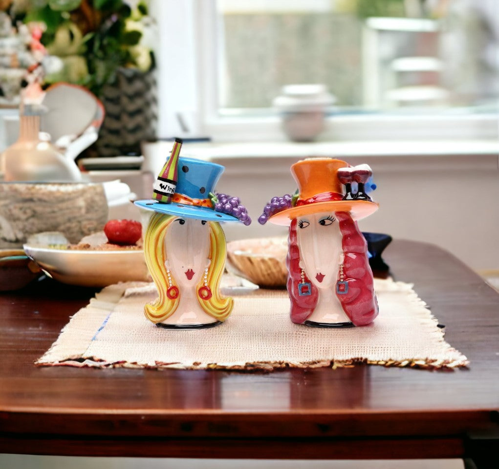 Ceramic Wine Loving Ladies Salt and Pepper Shakers Home Décor Gift for Her or Mom Gift for Friend or Coworker Kitchen