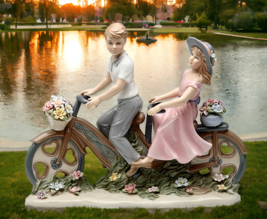 Ceramic Young Couple Sharing Bike Figurine Gift for Parents Gift for Her Gift for Mom Home Decor - Figurines