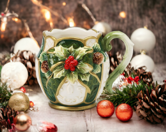 Christmas Ceramic Holly Mug (SET OF 4) Home Décor Gift for Her Gift for Mom Kitchen Décor Christmas Décor - Mugs