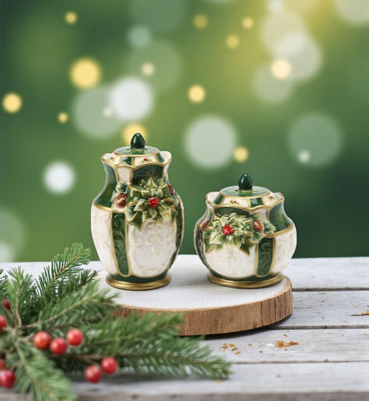 Christmas Decor Ceramic Holly Salt & Pepper Shakers Home Décor Gift for Her Gift for Mom Kitchen Décor - Salt & Pepper