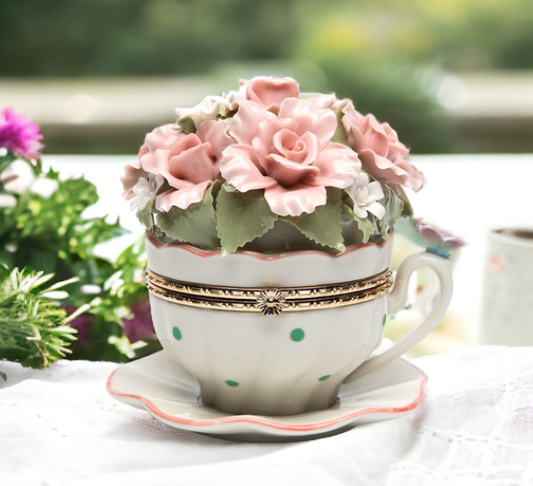 Cup and Saucer Shaped Hinge Box with Pink Flowers Music Box Home Décor Gift for Her Gift for Mom Mother’s Day Gift