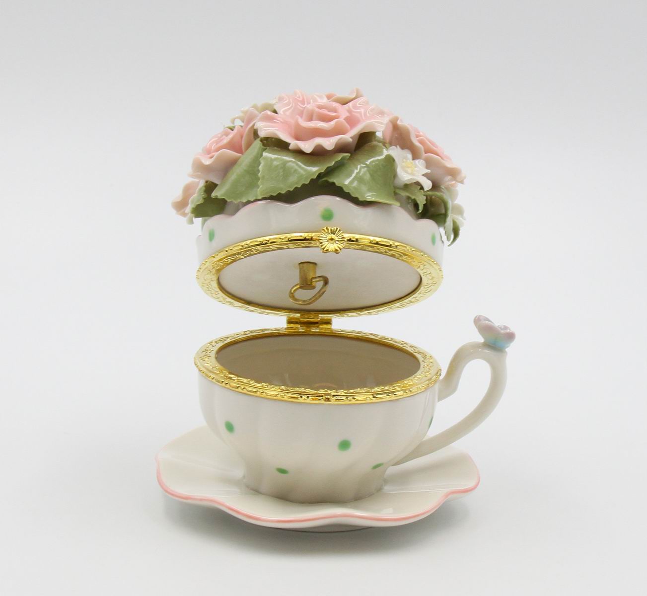 Cup and Saucer Shaped Hinge Box with Pink Flowers Music Box Home Décor Gift for Her Gift for Mom Mother’s Day Gift
