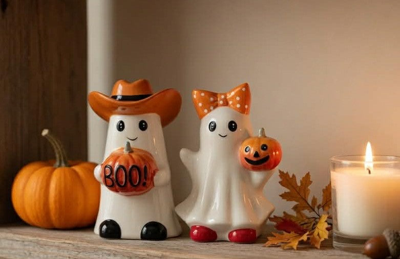 Ceramic Halloween Ghost Cowboy Couple Salt and Pepper Shakers, Fall Kitchen Decor