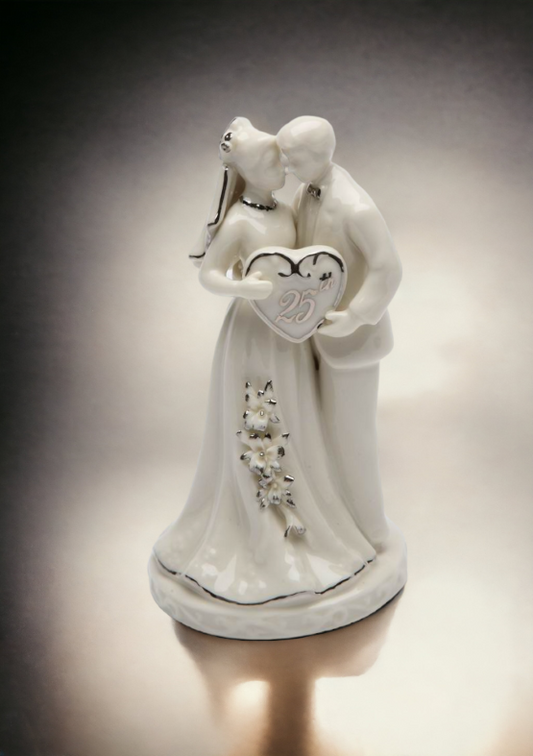Hand Crafted Ceramic 25th Anniversary Couple Cake Topper with Silver Accents Anniversary Décor Anniversary Gift - cake
