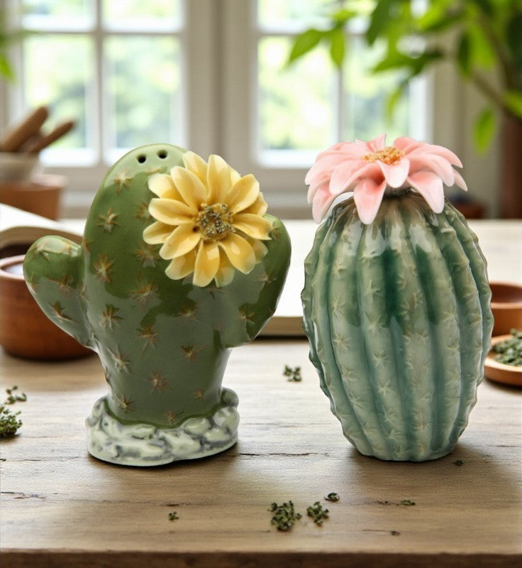 Hand Crafted Ceramic Cactus with Flowers Salt & Pepper Shakers Home Décor Gift for Her Gift for Mom Kitchen Décor
