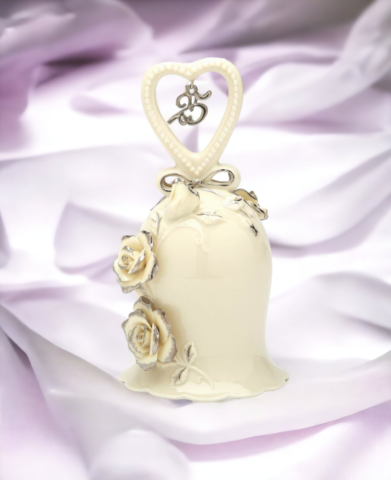 Hand Crafted Ceramic Ivory Rose Bell with Silver Accents-25th Anniversary Anniversary Décor Anniversary Gift - Hand