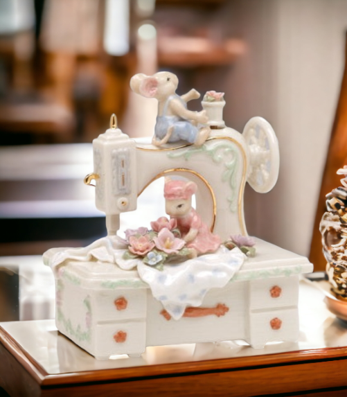 Hand Crafted Ceramic Mice With A Sewing Machine Music Box - Music Boxes