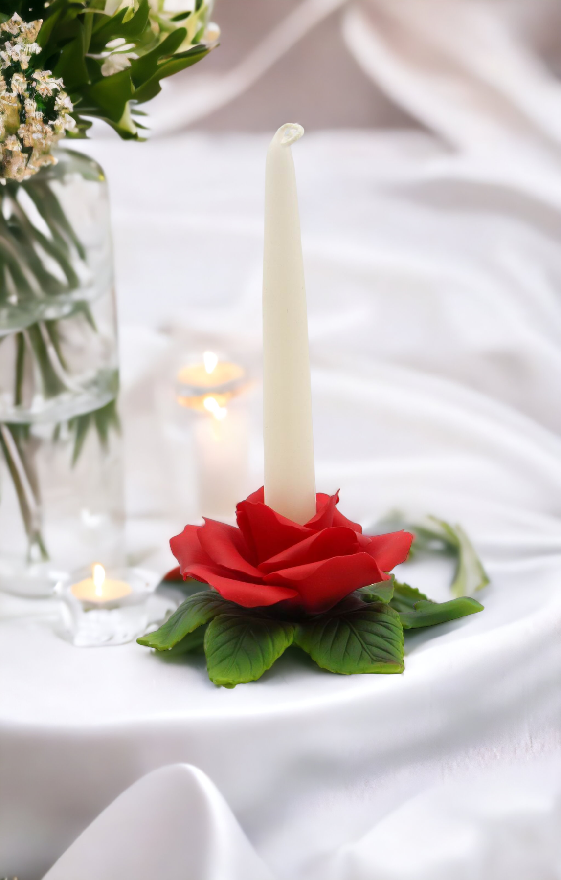 Hand Crafted Ceramic Red Rose Candle Holder-Candle NOT Included Valentines Day Decor Wedding Décor or Gift Anniversary