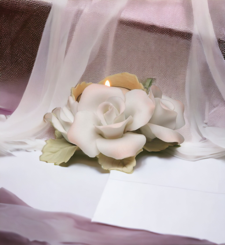 Hand Crafted Ceramic White and Pink Rose Tealight Candle Holder Wedding Décor Wedding Gift Wedding Favor - Candle