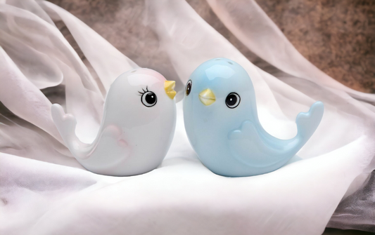 Hand Painted Ceramic Blue and Pink Bird Salt & Pepper Shakers Wedding Décor Gift for Her Gift for Mom Kitchen Décor