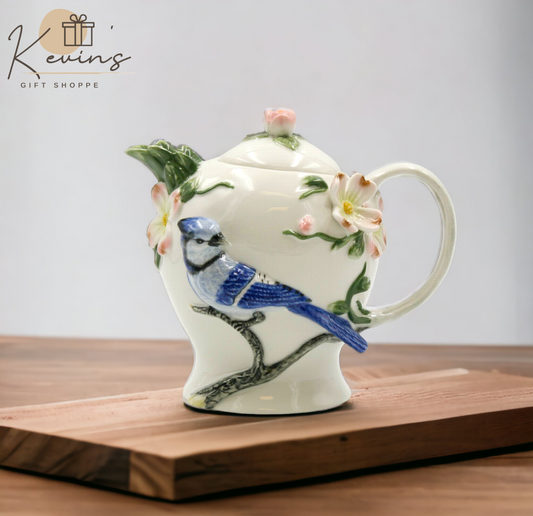 Hand Painted Ceramic Blue Jay Bird Teapot Gift for Her Gift for Mom Tea Party Décor Café Décor Farmhouse Décor Kitchen