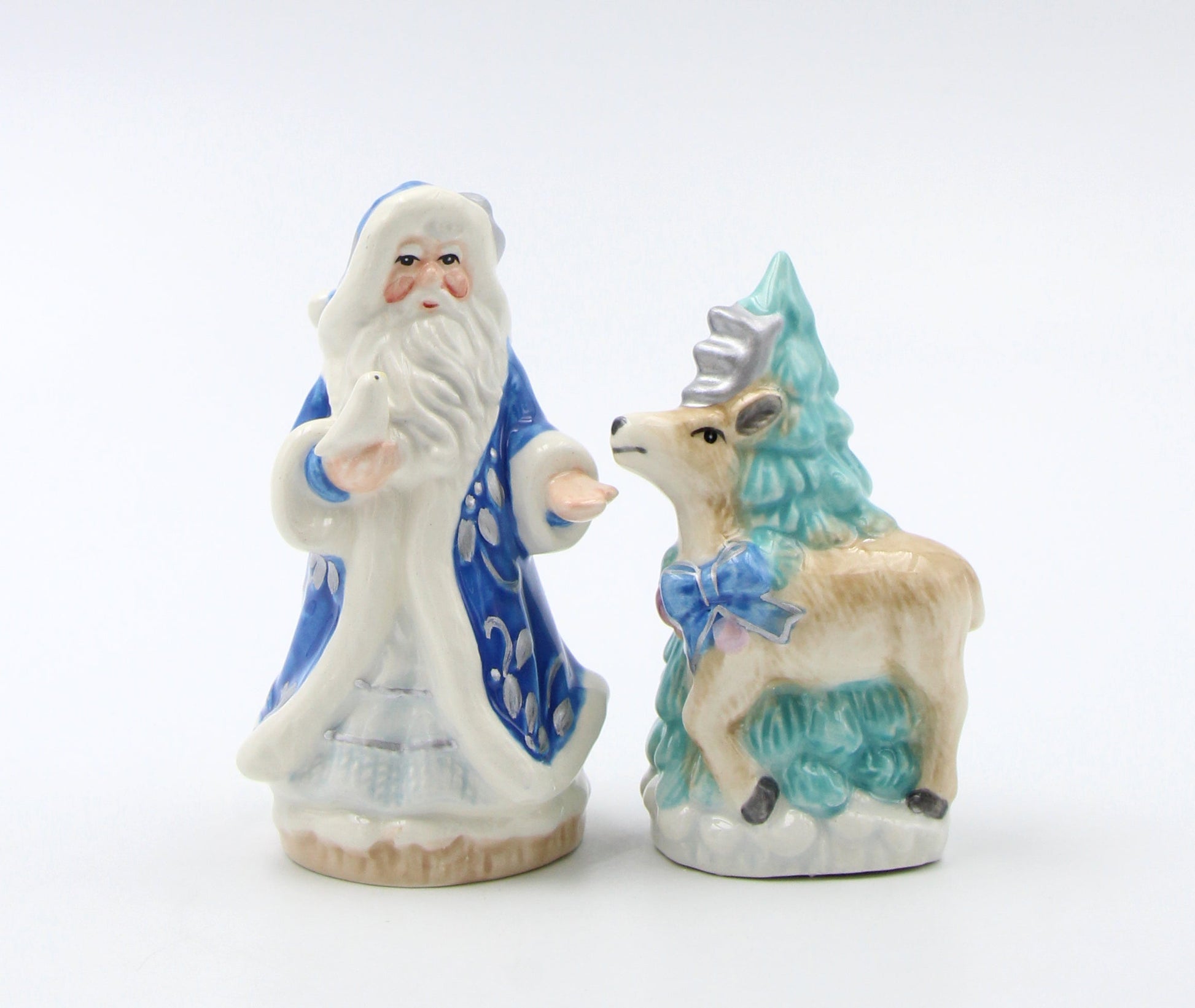 Hand Painted Ceramic Blue Santa Claus with Reindeer & Tree Salt and Pepper Shakers Home Décor Gift for Her Gift for Mom