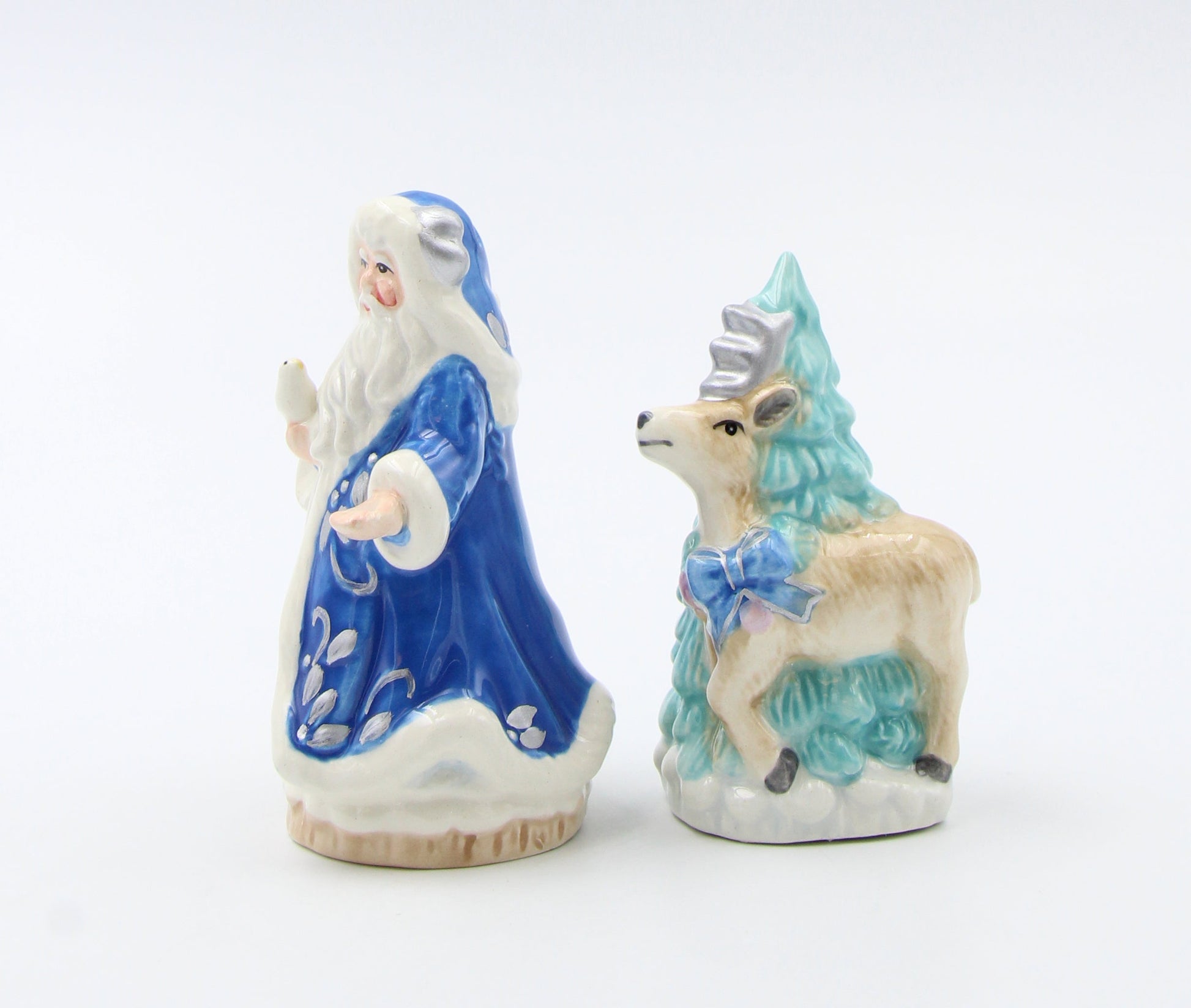 Hand Painted Ceramic Blue Santa Claus with Reindeer & Tree Salt and Pepper Shakers Home Décor Gift for Her Gift for Mom