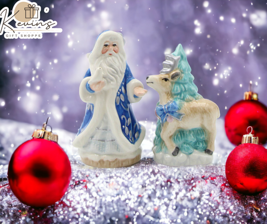 Hand Painted Ceramic Blue Santa Claus with Reindeer & Tree Salt and Pepper Shakers Home Décor Gift for Her Gift for Mom