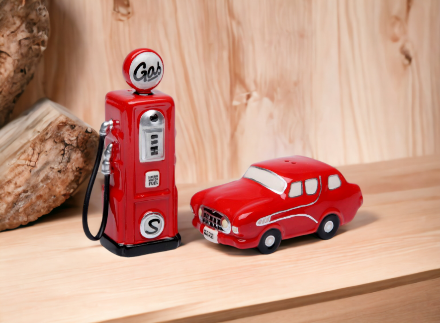 Hand Painted Ceramic Red Car And Gas Pump Salt & Pepper Shakers-Home Décor Gift for Her Gift for Him Gift for Dad