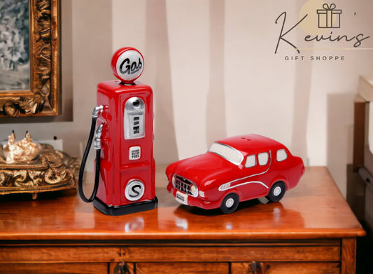 Hand Painted Ceramic Red Car And Gas Pump Salt & Pepper Shakers-Home Décor Gift for Her Gift for Him Gift for Dad
