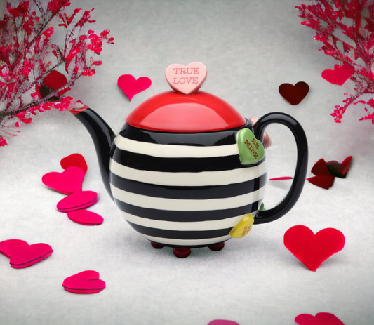 Hand Painted Ceramic Striped Teapot with Hearts Gift for Her Gift for Mom Kitchen Décor Tea Party Décor Café Décor