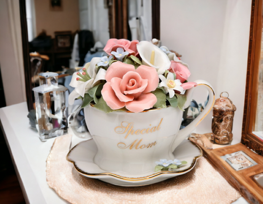 Handcrafted Ceramic Flower Bouquet in Cup Music Box Home Décor Gift for Her Gift for Mom Mother’s Day Gift - Music box