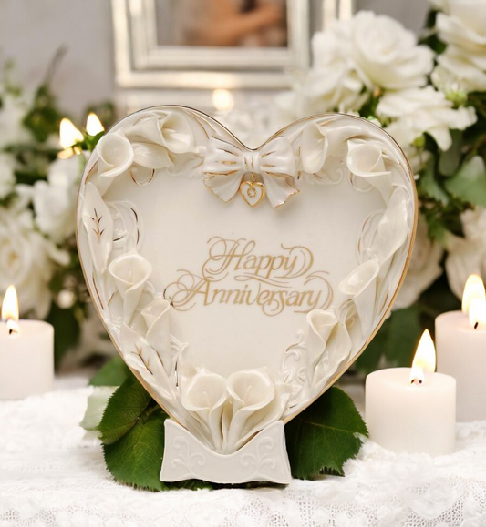 Happy Anniversary - Ceramic Cala Lily Flower Heart Plate and Stand Anniversary Gift Gift for Parents - decor plate