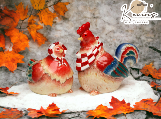Happy Farm: Hand Painted Ceramic Red Hen & Rooster Salt & Pepper Shakers Home Décor Gift for Her or Mom Kitchen Décor